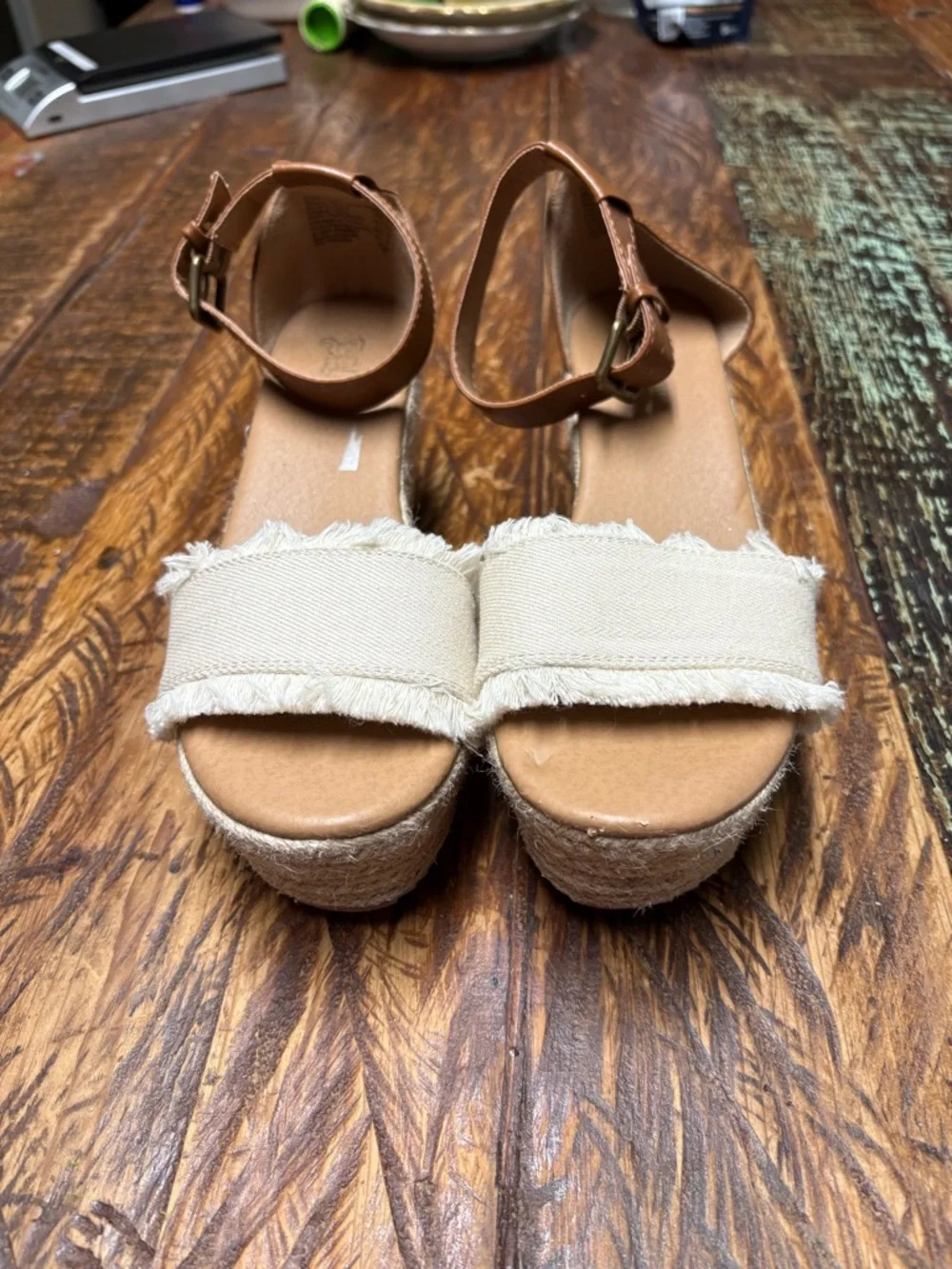 Brash Beige Tessa Canvas Espadrille Wedge Sandals with Brown Ankle Strap Size 7
